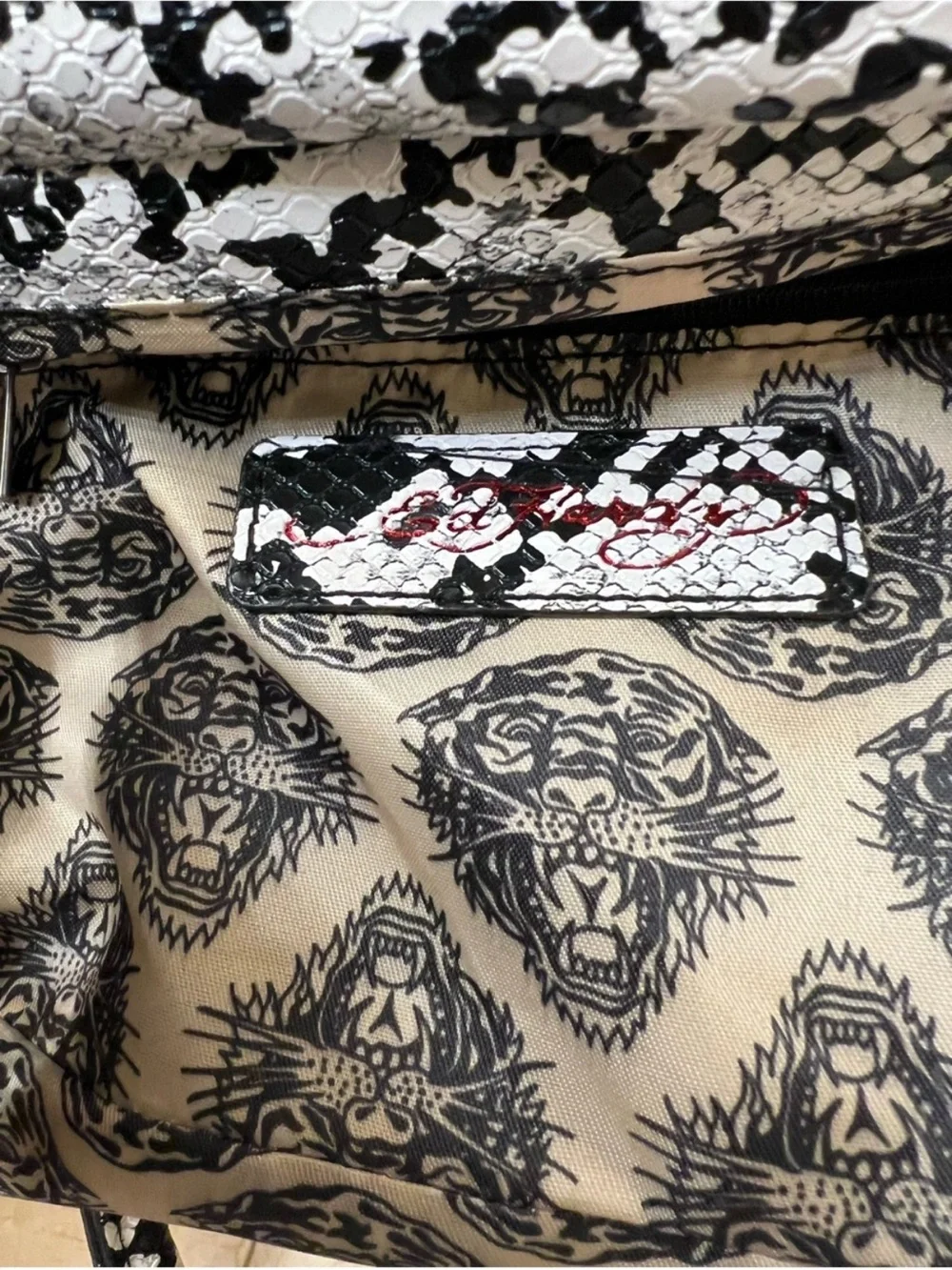 Ed Hardy Black & White Snake-Print Satchel with Charms